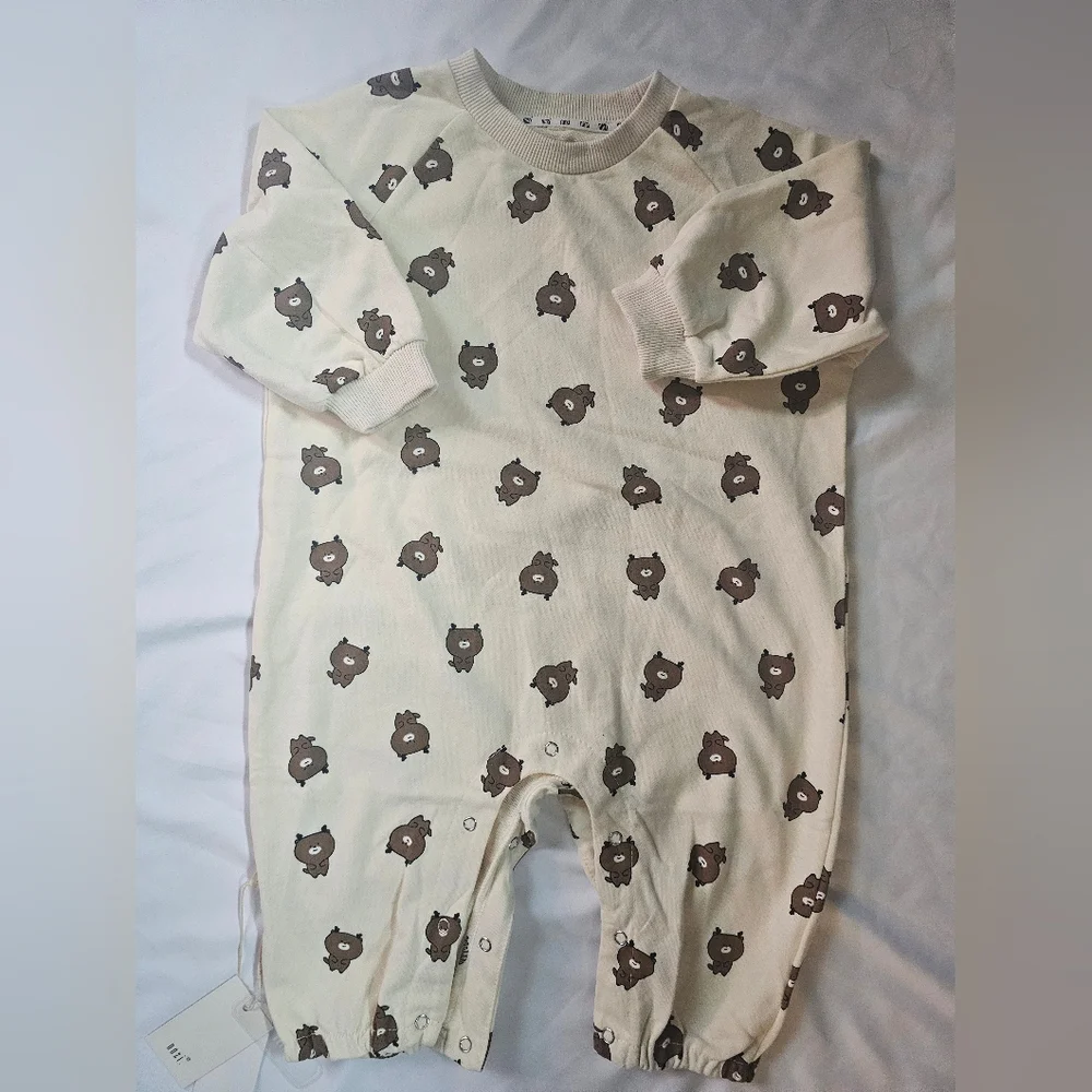 Adorable Soft Cream and Brown Bear Print Kids One Piece- Size 80